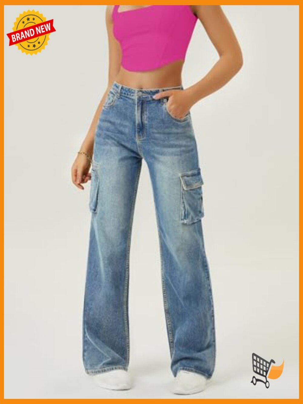 High Waist Baggy Cargo Jeans Y2K Wide Leg Denim Pants Flap Pocket Streetwear - Picture 3 of 7